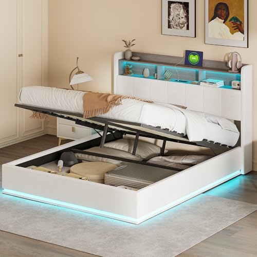 SUNFECILI Polsterbett 160 x 200 cm mit LED,Modernes Doppelbett mit Stauraum und Lattenrost,Kopfteil mit USB-Ladefunktion,Weiß,Ohne Matratze (160 x 200 cm) von SUNFECILI