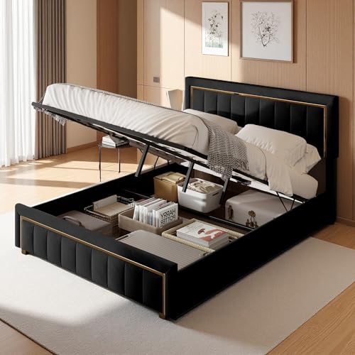 SUNFECILI Polsterbett,Doppelbett,Hydraulisch Stauraumbett mit Goldkante,Funktionsbett mit Großzügiger Stauraum,Jugendbett aus Samt,Ohne Matratze (Schwarz, 160 x 200 cm) von SUNFECILI
