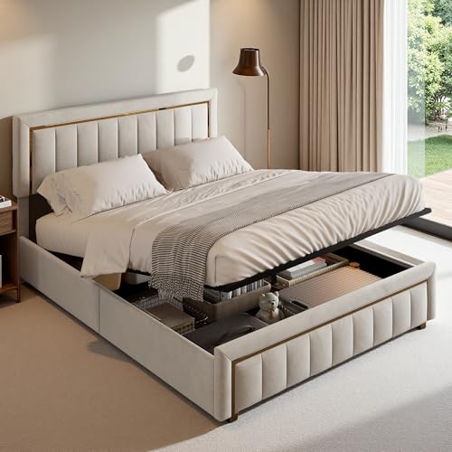 SUNFECILI Polsterbett,Doppelbett,Hydraulisch Stauraumbett mit Goldkante,Funktionsbett mit Großzügiger Stauraum,Jugendbett aus Samt,Ohne Matratze (Weiß, 160 x 200 cm) von SUNFECILI