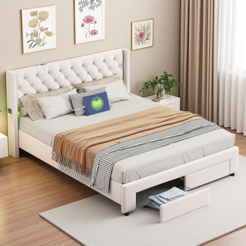 SUNFECILI Polsterbett,Doppelbett,Jugendbett mit LED-Beleuchtung und USB-Ladefunktion,Stauraumbett mit Lattenrost und 2 Schubladen,Funktionsbett Bettgestell mit Rückenlehne, Beige,Samt (160 x 200 cm) von SUNFECILI