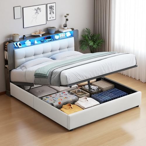 SUNFECILI Polsterbett,Doppelbett mit LED Beleuchtung und Stauraum,Stauraumbett,Funktionsbett,Jugendbett mit Lattenrost,für Schlafzimmer,Gästezimmer (140 x 200 cm) von SUNFECILI