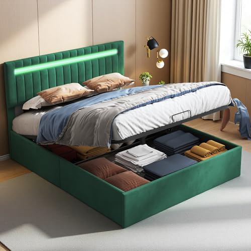 SUNFECILI Polsterbett,Doppelbett mit Stauraum und LED,Betten mit Lattenrost,Stauraumbett mit Rückenlehne,Jugendbett mit anpassbarem Kopfteil,Samt,Grün (140 x 200 cm) von SUNFECILI