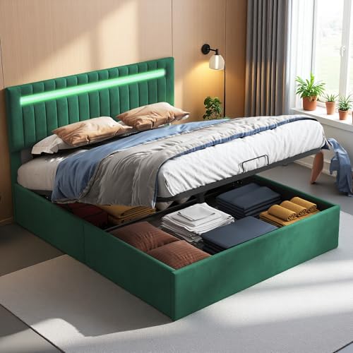 SUNFECILI Polsterbett,Doppelbett mit Stauraum und LED,Betten mit Lattenrost,Stauraumbett mit Rückenlehne,Jugendbett mit anpassbarem Kopfteil,Samt,Grün (160 x 200 cm) von SUNFECILI