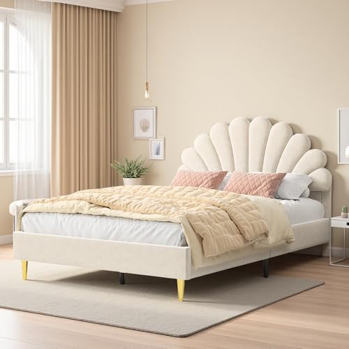 SUNFECILI Polsterbett 140 x 200 cm, Bettgestell für Mädchen mit blumenförmigem Kopfteil und Lattenrost，Gästebett Jugendbett Bettgestel aus Samt,Ohne Matratze, Beige von SUNFECILI
