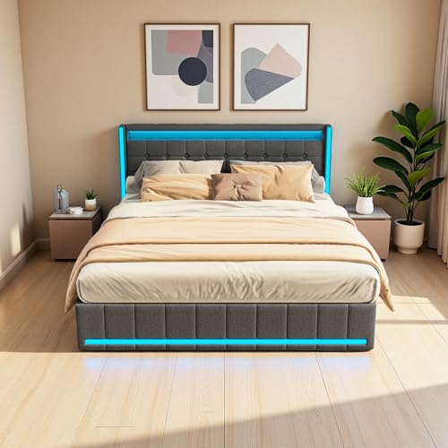 SUNFECILI Polsterbett 140 x 200 cm mit LED-Beleuchtung,4 praktischen Schubladen und USB-Ladeanschluss,Doppelbet,Funktionsbet,Jugendbet mit Lattenrost,Stauraumbett aus Leinenstoff,Dunkelgrau von SUNFECILI
