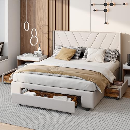 SUNFECILI Polsterbett 160 x 200 cm mit 3 Stauraum-Schubladen,Stilvolles Doppelbett mit Kopfteil und Lattenrost für Jugendzimmer und Gästezimmer,Jugendbett,Leinenstoff,Beige,Ohne Matratze von SUNFECILI