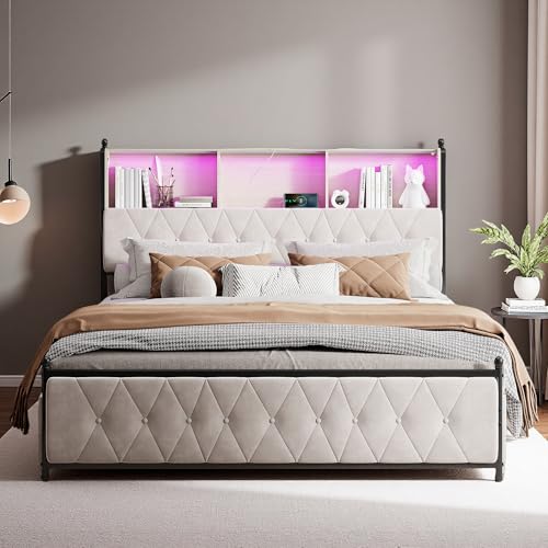 SUNFECILI Polsterbett 180 x 200 cm mit 4 schubladen,Doppelbett mit LED-Beleuchtung und USB-Ladeanschlüssen,Funktionsbett,Jugendbett mit Stauraum und Lattenrost,Samt,Beige SUNFECILI Polsterbett 180 x 200 cm mit 4 schubladen,Doppelbett mit LED-Beleuchtung und USB-Ladeanschlüssen,Funktionsbett,Jugendbett mit Stauraum und Lattenrost,Samt,Beige von SUNFECILI