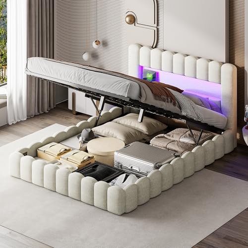 SUNFECILI Polsterbett Bubble Bett 140x200cm,Doppelbett mit USB-Ladefunktion und LED-Beleuchtung,Funktionsbett mit Stauraum und Rückenlehne,Jugendbett mit Lattenrost,Beige Leinen von SUNFECILI