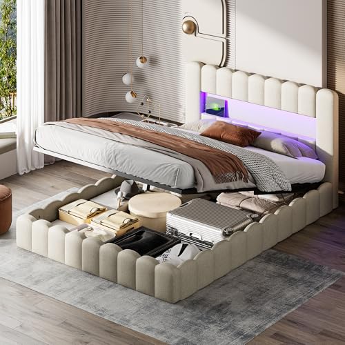 SUNFECILI Polsterbett Bubble Bett 180x200cm,Doppelbett mit USB-Ladefunktion und LED-Beleuchtung,Funktionsbett mit Stauraum und Rückenlehne,Jugendbett mit Lattenrost,Beige Leinen,Ohne Matratze von SUNFECILI