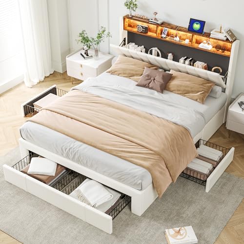 SUNFECILI Polsterbett 140 x 200cm,Bett mit led und USB-Anschlüssen,Doppelbett mit Stauraum und 4 praktischen Schubladen,Jugendbett,Stauraumbett,Funktionsbett,Ohne Matratze,Samt in Beige von SUNFECILI