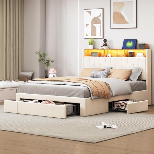 SUNFECILI Polsterbett 140 x 200cm,Bett mit LED und USB-Anschlüssen,Doppelbett mit Stauraum und 4 praktischen Schubladen,Jugendbett,Stauraumbett,Funktionsbett,Ohne Matratze,Samt in Beige von SUNFECILI