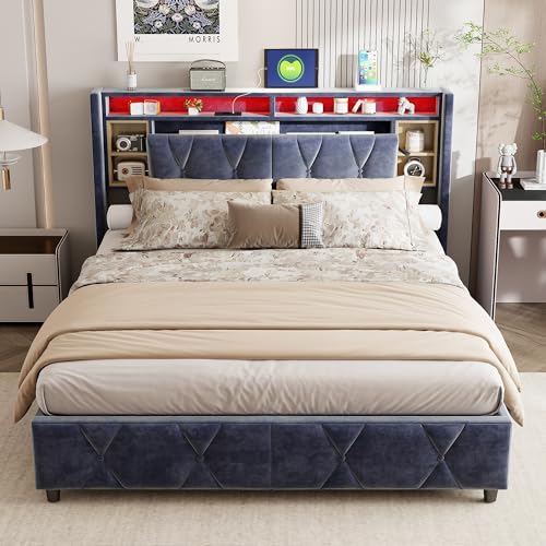 SUNFECILI Polsterbett Doppelbett 140x200 cm, Kopfteil mit LED-Beleuchtung, USB-Ladeanschluss und Staufach,Funktionsbett mit Stauraum und Lattenrost, Stauraum unter dem Bett, Samt, Grau (140x200cm) von SUNFECILI