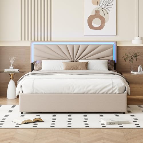 SUNFECILI Polsterbett Doppelbett 140x200 cm, Stauraumbett mit 4 Schubladen und LED,Doppelbett Funktionsbett mit verstellbarem Kopfteil, Leinen-Material,Beige (140x200cm) von SUNFECILI