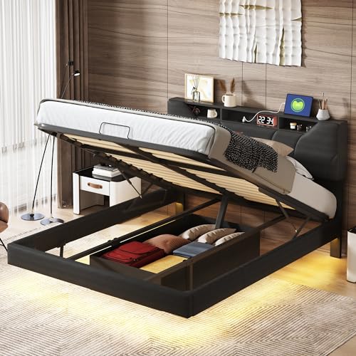 SUNFECILI Polsterbett Doppelbett 140x200cm,Bett mit Lattenrost aus Metallrahmen,LED Doppelbett mit Stauraum Underbett,Stauraumbett Metallbett Jugendbett Bettgestell,Funktionsbett, Ohne Matratze von SUNFECILI