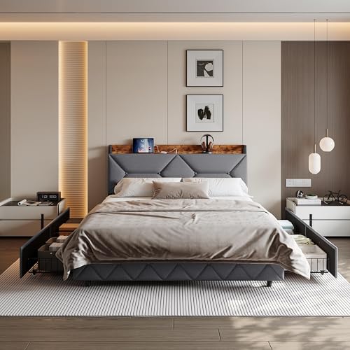 SUNFECILI Polsterbett Doppelbett mit 4 Schubladen, Stauraumbett mit Doppelseitige Regale, Truhe mit USB und Kopfteil mit versteckter Aufbewahrung,Bettgestell aus Stahl und Holz,Grau (140x200cm) von SUNFECILI