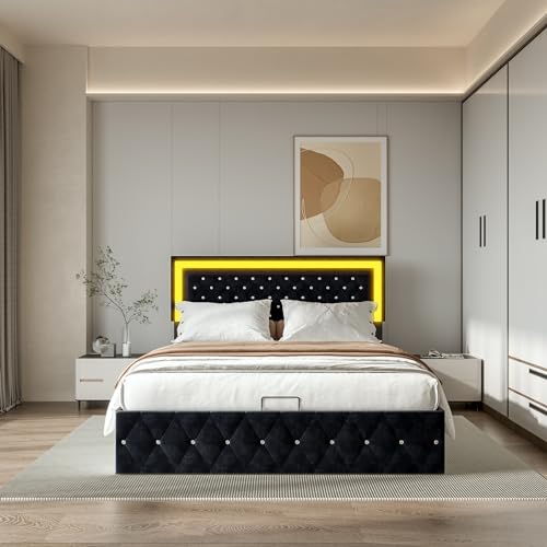 SUNFECILI Polsterbett Doppelbett mit LED-Kopfteil und 4 Schubladen,Gepäckbett mit Stauraum,höhenverstellbares Kopfteil, Doppelbett mit Lattenrost,Samt (Schwarz, 140x200cm) von SUNFECILI