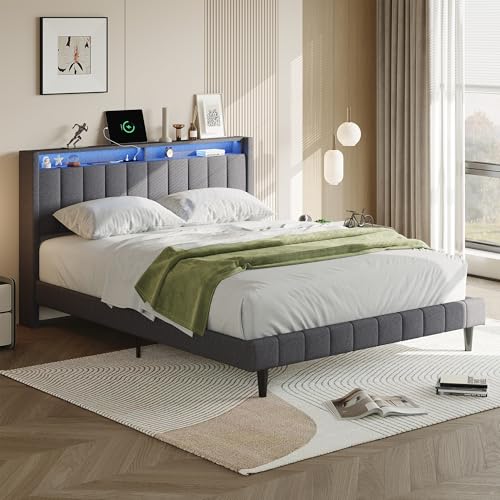 SUNFECILI Polsterbett Doppelbett mit LED-Lichtern und USB,Bettgestell mit gepolstertem Kopfteil,Kopfteil mit Aufbewahrung Grau, Leinen (160x200cm) von SUNFECILI