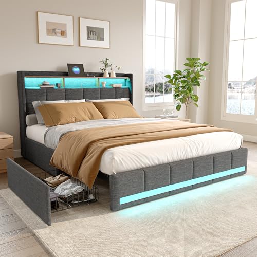 SUNFECILI Polsterbett Doppelbett mit LED und USB,Stauraumbett mit 4 Schubladen und Kopfteil, Bettgestell mit Lattenrosten, für Erwachsene und Jugendliche (Grau, 140x200cm) von SUNFECILI