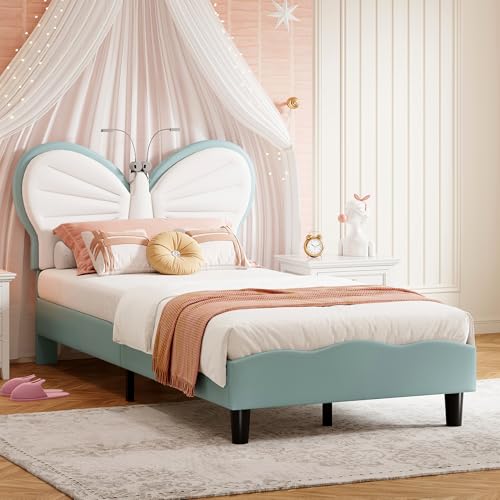 SUNFECILI Polsterbett Kinderbett 90x200 cm mit LED Leselampe,Bett Mädchen mit Verstellbares-Kopfteil in Schmetterlingsform und Lattenrost,Einzelbett Jugendbett, Samt (Blau) von SUNFECILI