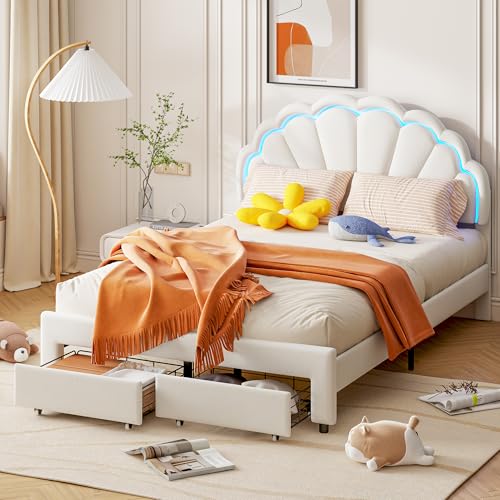 SUNFECILI Polsterbett Mädchenbett mit Schubladen, Kinderbett mit Stauraum und LED Beleuchtung,Bettgestell mit Kopfteil in Blumenform und Lattenrost, Stauraumbett Samt,Weiß (140x200cm) von SUNFECILI