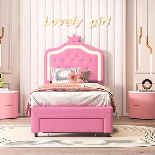 SUNFECILI Polsterbett für Einzelbett mit Lattenrost und gepolstertem Kopfteil, LED Bett mit Stauraum Schubladen,Kronen-bettgestell aus PU-Leder,Einzelbettrahmen Jugendbett (Rosa, 90x200cm) von SUNFECILI