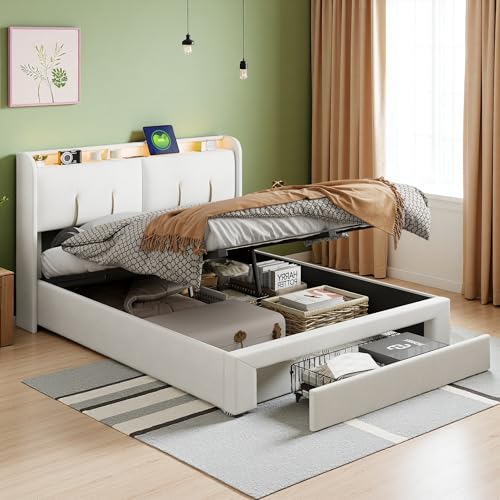 SUNFECILI Polsterbett 160x200cm mit LED Kopfteil & USB Ladefunktion,Doppelbett mit Stauraum und 1 Schubladen,Jugendbett,Stauraumbett,Samt,Ohne Matratze von SUNFECILI