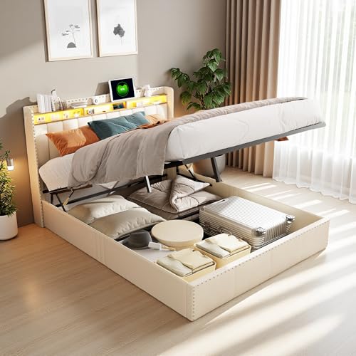 SUNFECILI Polsterbett 160x200cm mit LED-Beleuchtung,Doppelbett,Jugendbett mit Stauraum und Lattenrost,Kopfteil mit USB-C Ladefunktion,Hydraulisches Stauraumbett,Beige von SUNFECILI