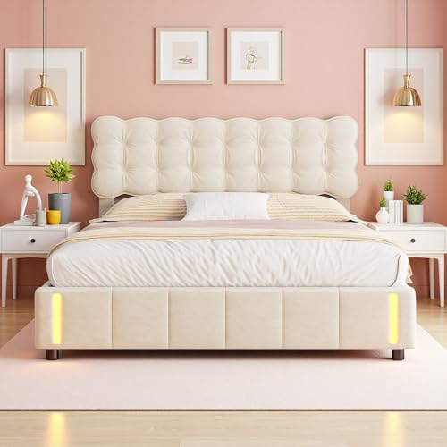 SUNFECILI Polsterbett,Bett 140x200cm mit Stauraum,Doppelbett mit LED-Beleuchtung,Stauraumbett,Jugendbett,Kopfteil Bett,Samt,Beige von SUNFECILI