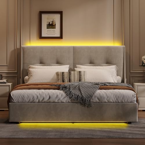 SUNFECILI Polsterbett mit Stauraum,Doppelbett mit LED,Funktionsbett mit Großer Stauraum, Bett mit Lattenrost Jugendbett Bettgestell, Samt, Ohne Matratze, Beige (140x200cm) von SUNFECILI