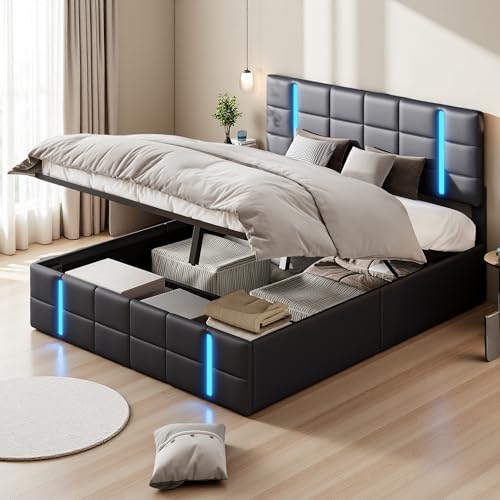SUNFECILI Polsterbett mit Stauraum,LED-Beleuchtung und USB-Anschlüssen,Doppelbett mit praktischen Hydraulikmechanismus für optimalen Platz,Jugendbett mit Lattenrost,PU-Leder,Schwarz (160 x 200 cm) von SUNFECILI
