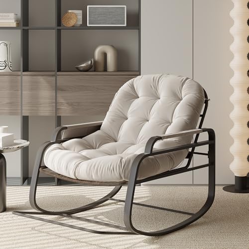 SUNFECILI Schaukelstuhl aus Rattan mit klappbarer Fußstütze, Seitentasche und Armlehnen,Wohnzimmer Relaxstuhl mit gepolsterter, Fauler Stuhl Ablagefunktion, Beige SUNFECILI Schaukelstuhl aus Rattan mit klappbarer Fußstütze, Seitentasche und Armlehnen,Wohnzimmer Relaxstuhl mit gepolsterter, Fauler Stuhl Ablagefunktion, Beige von SUNFECILI