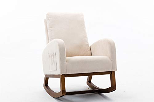 SUNFECILI Schaukelstuhl mit Rückenlehne, gepolstertes Wohnzimmer Glider Rocker, Wohnzimmersesse mit Tasche, Lesesessel Für Wohnzimmer Und Schlafzimmer (Beige) von SUNFECILI