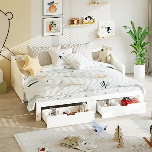 SUNFECILI Schlafsofa mit Doppelbett, 90/180 x 200 cm mit 2 Schubladen, ausziehbares Schlafsofa aus Holz, Tagesbett mit Lattenrost aus Holz, Multifunktionsbett SUNFECILI Schlafsofa mit Doppelbett, 90/180 x 200 cm mit 2 Schubladen, ausziehbares Schlafsofa aus Holz, Tagesbett mit Lattenrost aus Holz, Multifunktionsbett von SUNFECILI