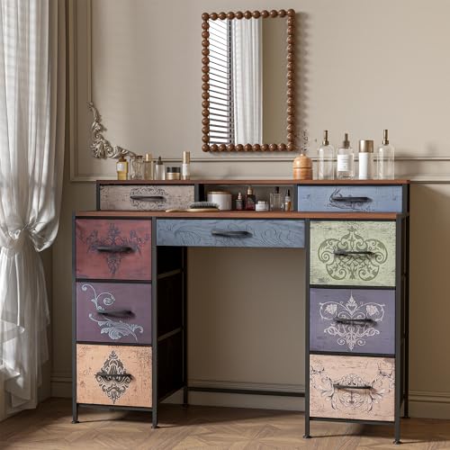 SUNFECILI Schminktisch, Frisiertisch für Schlafzimmer, Vintage, mit Blumen – 9 Schubladen und 2 offene Regale, Schlafzimmer Kommode Bunt,Aufbewahrungsschrank aus Stoff (9 Schubladen) von SUNFECILI