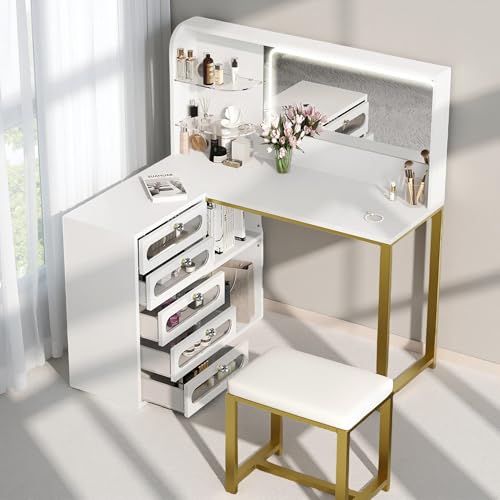 SUNFECILI Schminktisch mit LED Spiegel und Polsterung Hocker,L-Form Schminktisch Set mit 5 Schubladen und Ablagen,Modern Kosmetiktisch Frisiertisch aus Holz,Weiß SUNFECILI Schminktisch mit LED Spiegel und Polsterung Hocker,L-Form Schminktisch Set mit 5 Schubladen und Ablagen,Modern Kosmetiktisch Frisiertisch aus Holz,Weiß von SUNFECILI