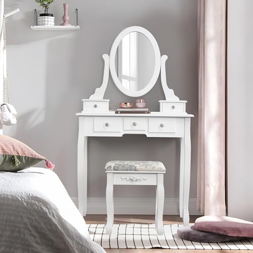 SUNFECILI Schminktisch mit Spiegel, Schminktisch Set mit Hocker, Frisierkommode und gepolstertem Hocker-Set mit Schubladen, eleganter Kosmetiktisch mit gepolstertem Hocker (5 Schubladen) von SUNFECILI