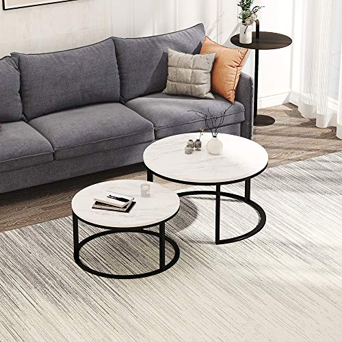 SUNFECILI Set mit 2 runden Couchtischen,Couchtisch mit Metallrahmenbeinen und weißer Marmorplatte für Wohnzimmer, Wohnzimmertische - Wohnzimmertisch (Rund, Schwarz) von SUNFECILI