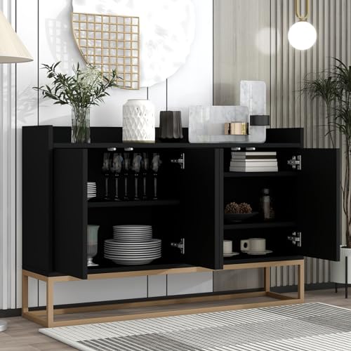 SUNFECILI Sideboard Kommode 120cm–Modernes Buffetschrank mit 4 Türen,Schubladenkommode mit Verstellbares Regal und Robuste Metallbeine für Wohnzimmer und Esszimmer (Schwarz) von SUNFECILI