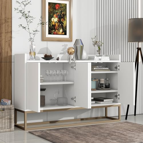 SUNFECILI Sideboard Kommode 120cm–Modernes Buffetschrank mit 4 Türen,Schubladenkommode mit Verstellbares Regal und Robuste Metallbeine für Wohnzimmer und Esszimmer (Weiß) von SUNFECILI