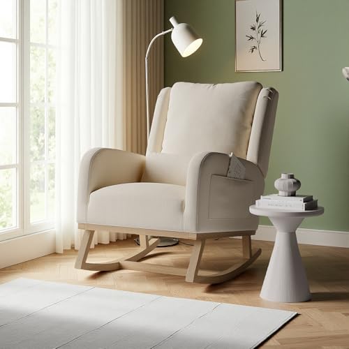 SUNFECILI Teddy Schaukelstuhl,Multifunktionaler Relaxstuhl mit Holzfüßen, Lesesessel,Wohnzimmers Chaukelstuhl,Ideal für Wohnzimmer und Schlafzimmer (Beige-Leinen) von SUNFECILI