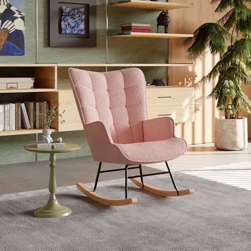 SUNFECILI Teddy-Stoff Schaukelsessel, Stillsessel mit hoher Rückenlehne und Armlehnen,Sessel Relaxsessel Schaukelsessel Wohnzimmersessel Schwingsessel Akzentstuhl für Schlafzimmer (Rosa) von SUNFECILI
