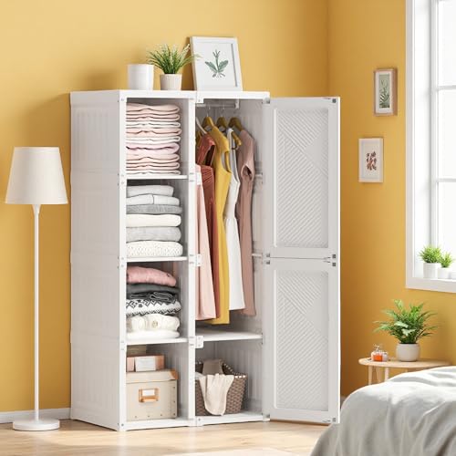 SUNFECILI Tragbarer Kleiderschrank mit magnetischer Tür, 69x50x136cm, Faltbarer Schrank Mit Regalen PP-Material,All-in-One-Kleideraufbewahrungs-Organizer mit Aufhängestange,Faltschrank Weiß von SUNFECILI