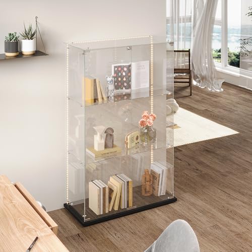 SUNFECILI Vitrine aus Glas mit 3 Ebenen, Vitrine mit Schloss, Glasvitrine 123,3 x 35 x 78,5 cm,Standvitrine mit LED, moderner Sammlerschrank Smart Vitrinenschrank (Doppeltür + Lichtleiste, Schwarz) von SUNFECILI
