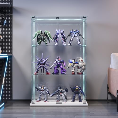 SUNFECILI Vitrine aus Glas mit 3 Ebenen, Vitrine mit Schloss, Glasvitrine 123,3 x 35 x 78,5 cm,Standvitrine mit LED, moderner Sammlerschrank Smart Vitrinenschrank (Doppeltür + Lichtleiste, Weiß) von SUNFECILI