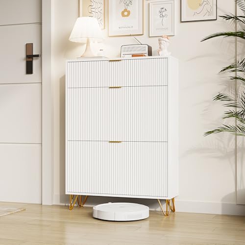 Weißer Schuhschrank,mit 3 Klapptüren aus Holz,mit goldfarbenen Griffen,Schuhablage Verstellbar,für Schlafzimmer und Wohnzimmer,kleines Streifendesign (Schuhschrank, Weiß) von SUNFECILI