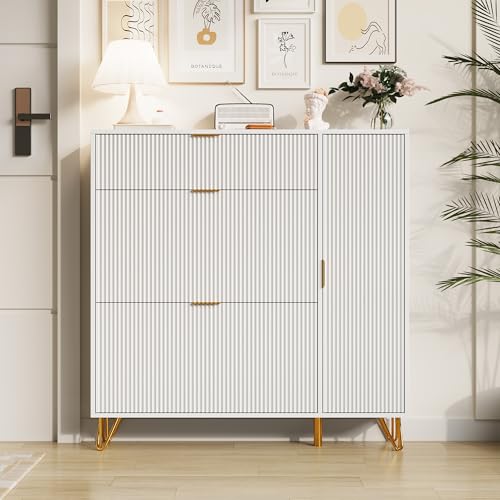 Weißer Schuhschrank,mit 3 Klapptüren aus Holz,mit goldfarbenen Griffen,Schuhablage Verstellbar,für Schlafzimmer und Wohnzimmer,kleines Streifendesign (Schuhschrank mit Seitenschrank, Weiß) von SUNFECILI