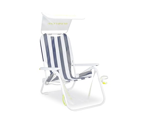 SUNFLOW Shore Thing Premium Strandkorb - Verstellbarer, Tragbarer, Rostbeständiger, Liegender Strandkorb mit UPF 50+ Sonnenschutz und Getränkehalter für ultimativen Komfort - Tiefblau gestreift von SUNFLOW