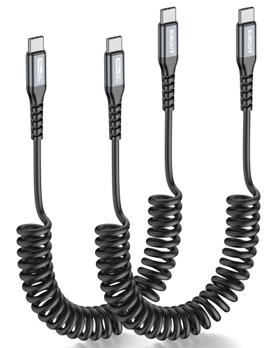 SUNGUY Spiralkabel USB C auf USB C, 2Stück 1.5M [Empfohlene Dehnlänge: 0.4m-1m] Android Auto 3A Schnellladekabel USB C Kabel Handy Ladekabel typ C Datenkabel für iPhone 17/16/15 Pro Max Galaxy, Grau von SUNGUY