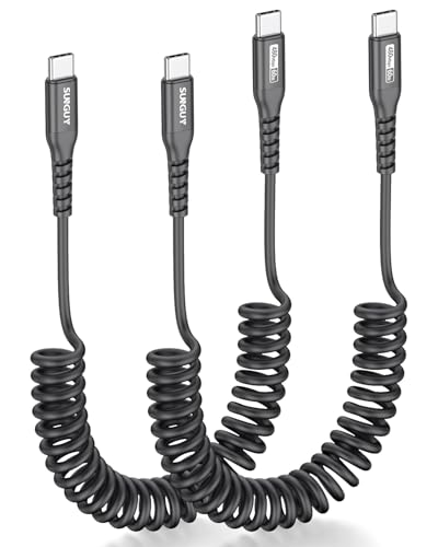 SUNGUY Spiralkabel USB C auf USB C, 2Stück 1.5M [Empfohlene Dehnlänge: 0.4m-1m] Android Auto 3A Schnellladekabel USB C Kabel Handy Ladekabel typ C Datenkabel für iPhone 16/15 Pro Max Galaxy, Schwarz von SUNGUY