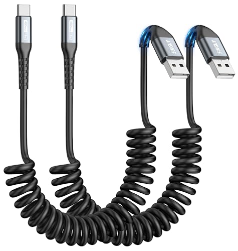 SUNGUY USB C Spiralkabel, 2Stück 1.2M【‌Empfohlene Dehnlänge: 0.3–0.8m】 USB auf USB C Kabel und Datenkabel für Android Auto,Carplay,iPhone 16/15 Series,Galaxy S24 Ultra S23 FE,Google Pixel, Xiaomi-Grau von SUNGUY